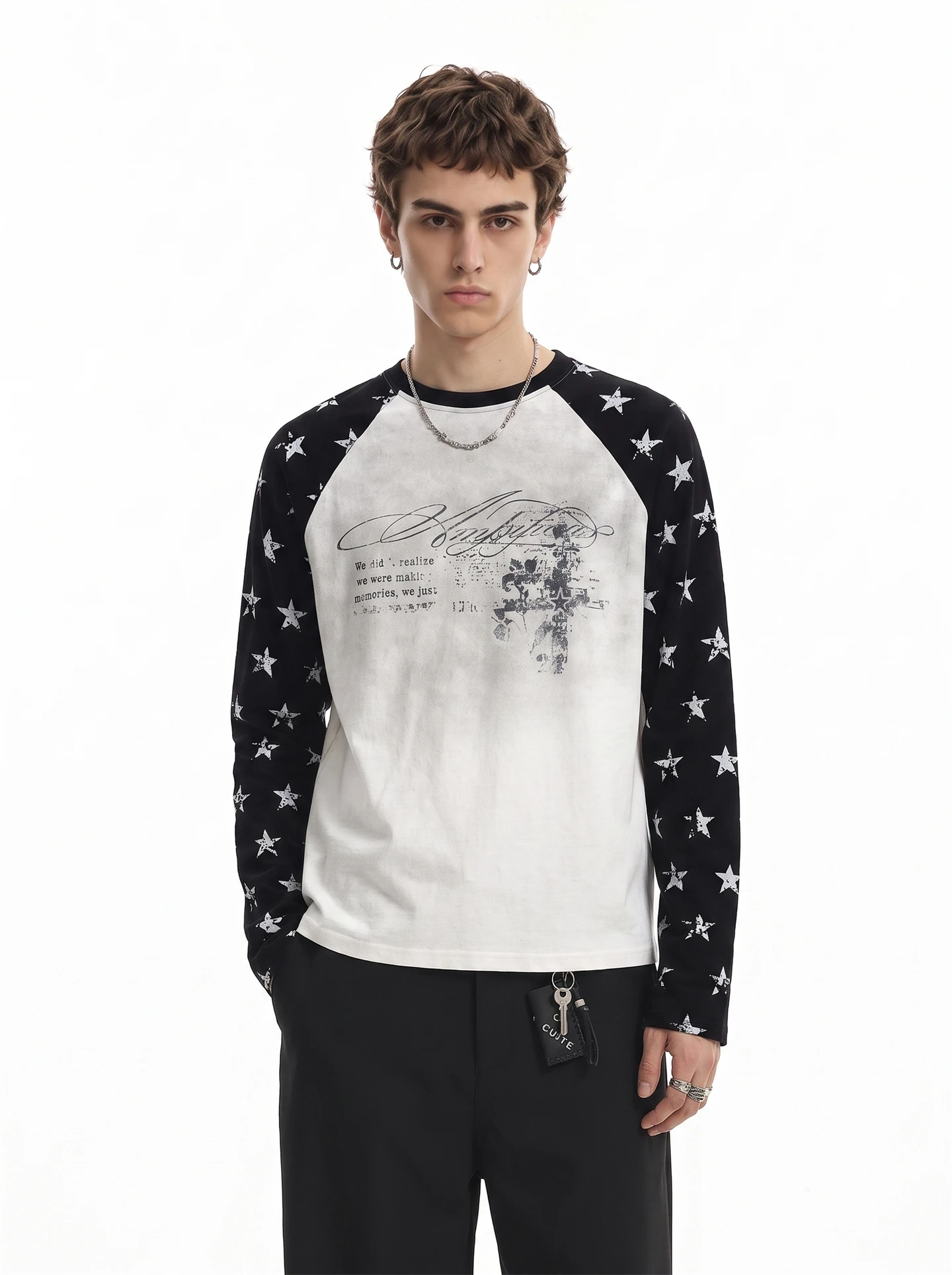 Retro American Star Print Long Sleeve T-Shirt Men's Autumn New Loose Color Block Vintage Style Casual Top Quality Material