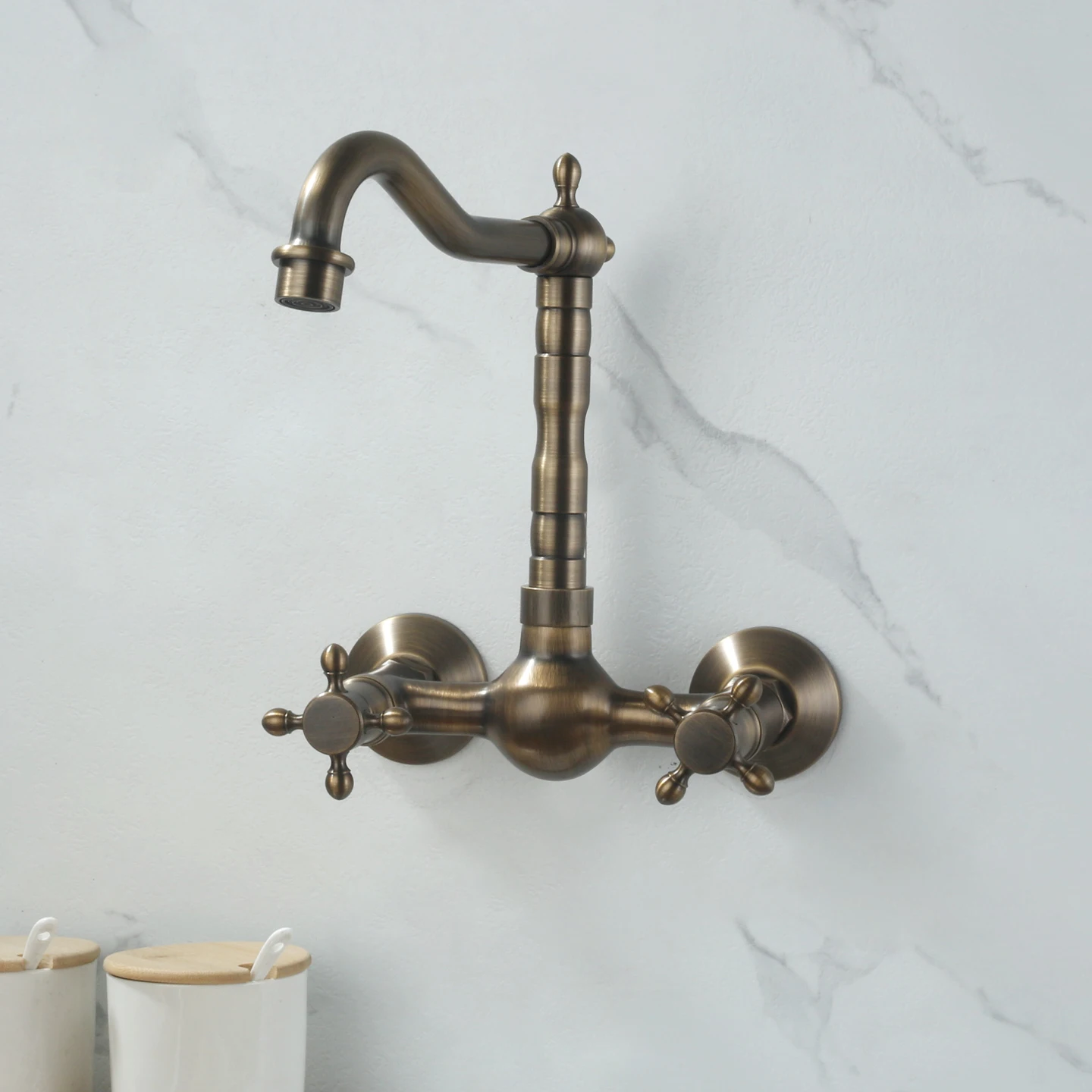 

Antique Dual Hole Kitchen Sink Faucets Wall Mounted Rotatable Vessel Sink Faucet Double Handle Hot and Cold Mixer Taps