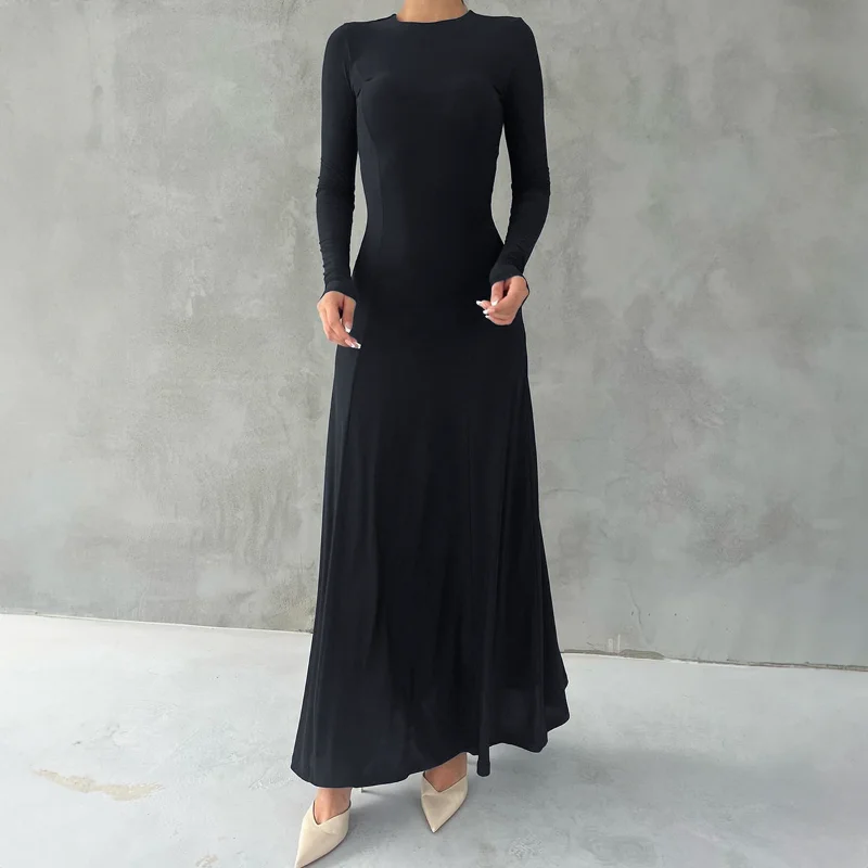 Elegantes, langärmliges, hüftumarmendes, langes Rockkleid für Damen im Herbst und Winter