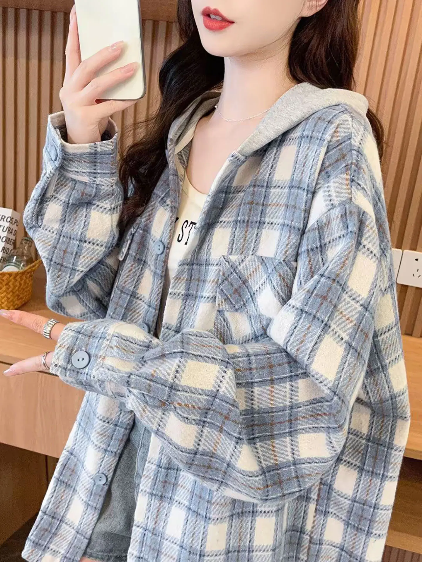 Loose Long Sleeve Checkered Hooded Shirt Jacket Women's Autumn New Style High School Student Casual Open Cardigan Blouse