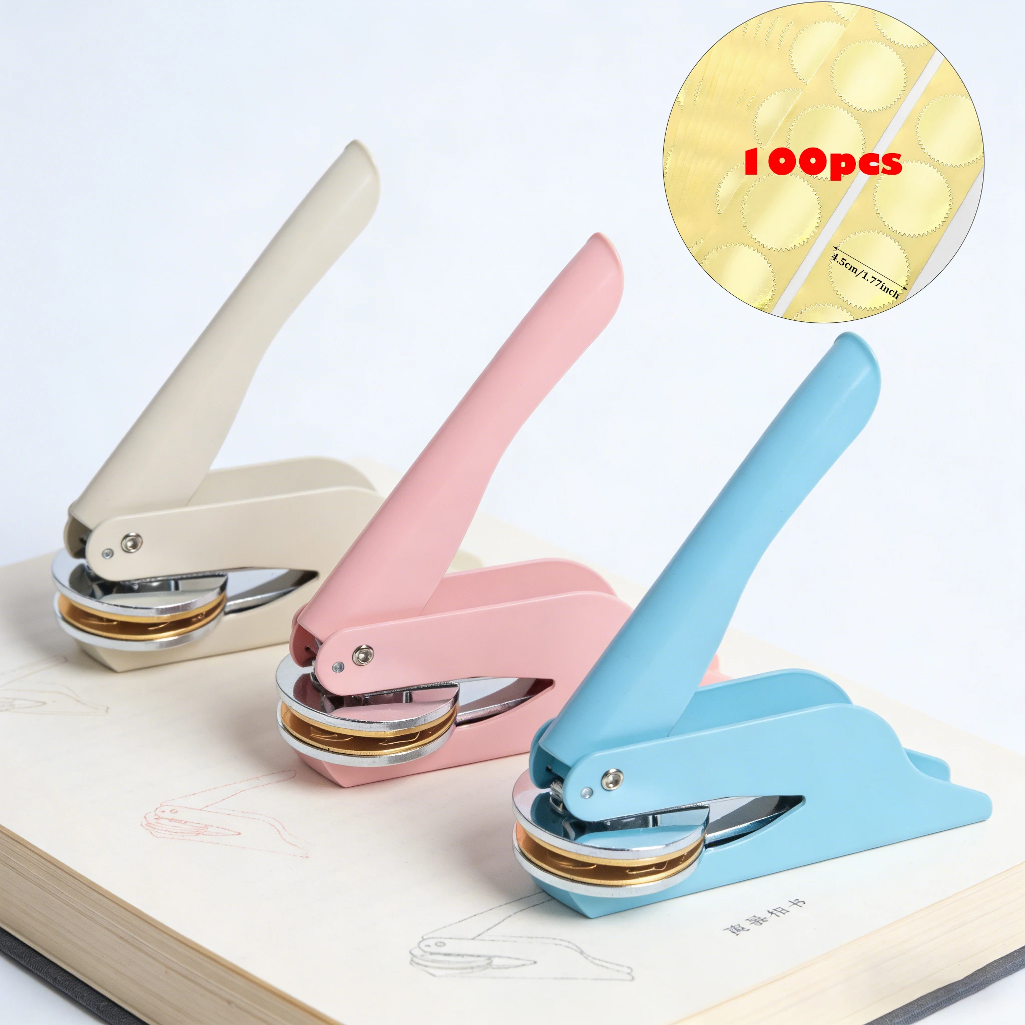 Individueller Präger/Clip mit 100 Aufklebern, personalisiertes Logo-Design, Prägesiegel für Bücher, DIY-Hochzeitsumschläge und Geschenkkarten