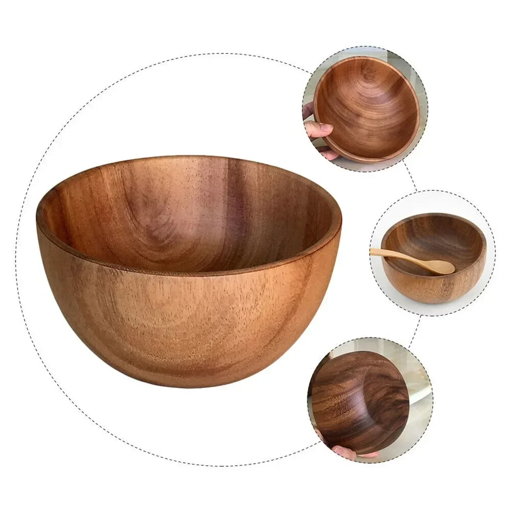 Wooden Salad Bowl, Portable and Washable, Anti Fall Design, Natural Log, Fine Workmanship, Suitable for Soup and Rice