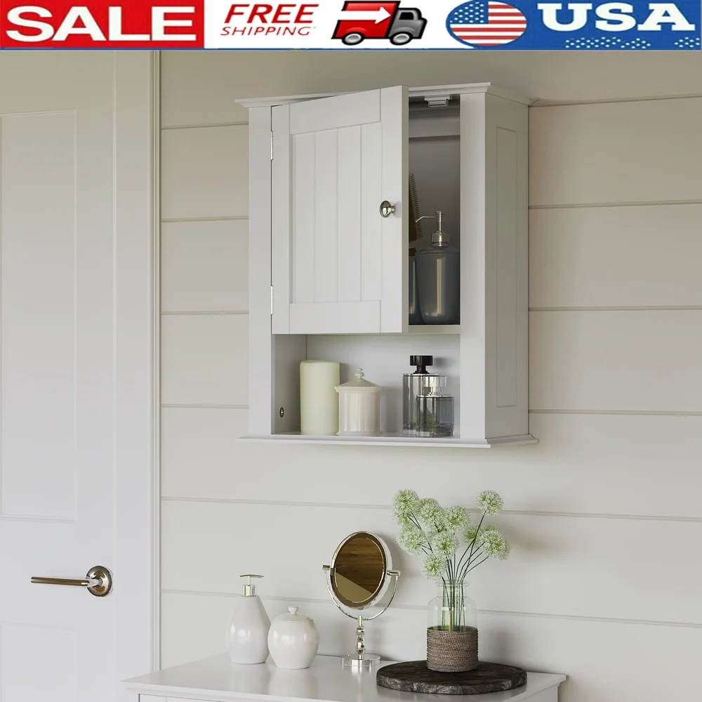 

Compact White Bathroom Medicine Cabinet Wall Storage Shelf with Beadboard Design and Open Shelf Towels and Toiletries