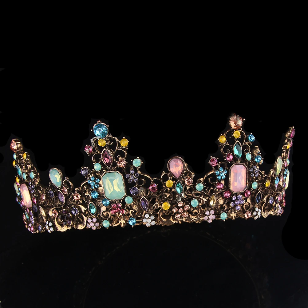 

Vintage Alloy Queen Colorful Rhinestone Bridal Wedding Hair Accessories Costume Party Prom Crown For Women Girls (16X16Cm)