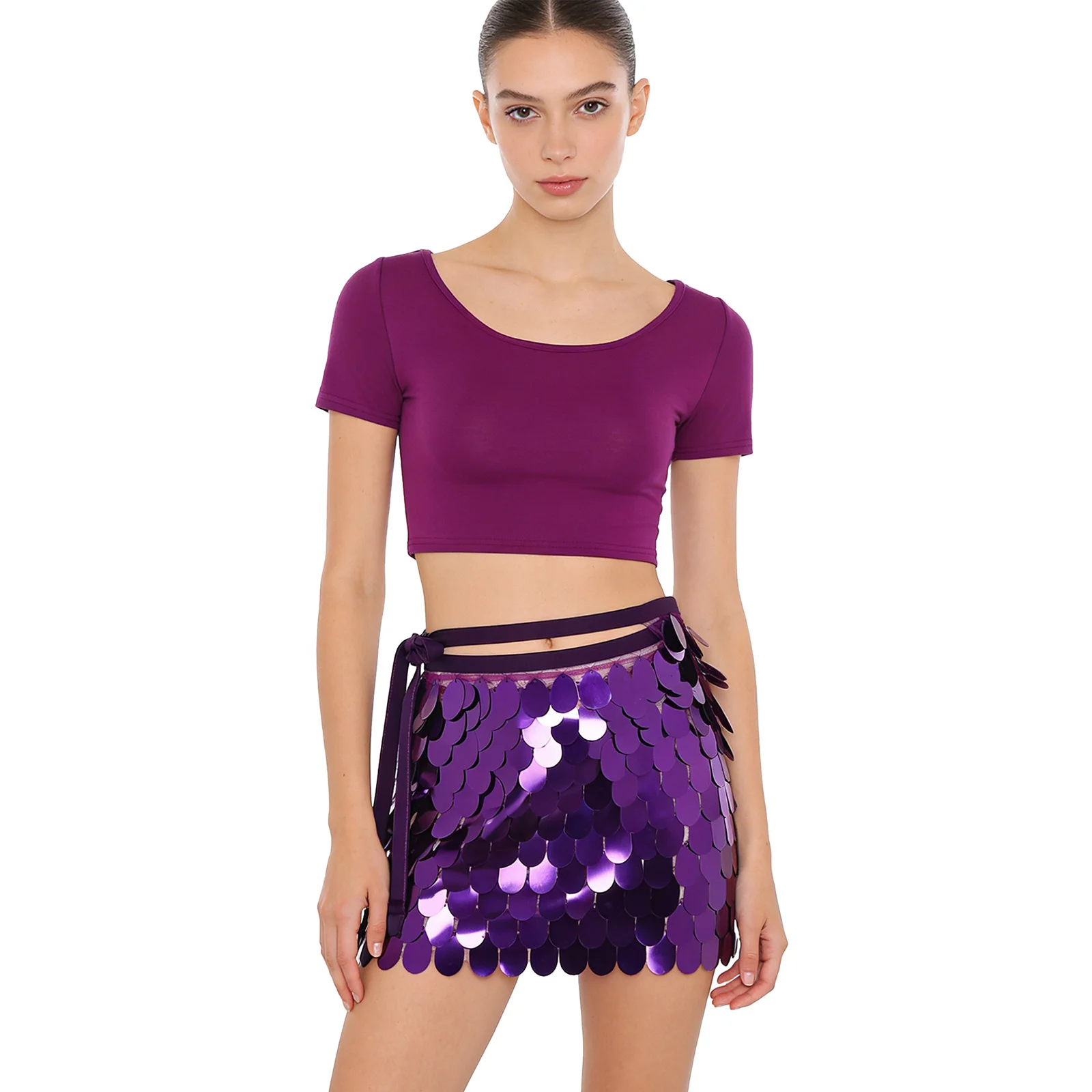 Costume da danza del ventre da donna, girocollo, manica corta, camicia corta e sciarpa allacciata con paillettes lucide per club di classe sul palco