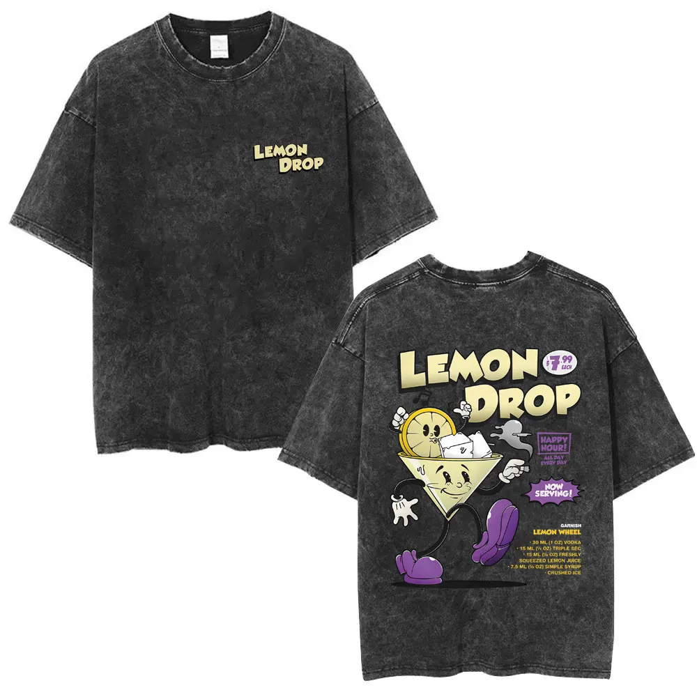 

Lemon Drop Cocktail Cartoon Funny Meme Washed T-shirt Men Women Clothing Casual Humor T Shirts Male Fashion Oversized Streetwear
