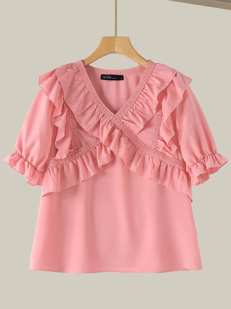 ZANZEA Sweety Ruffle Chiffon Blouse Women Korean Short Lantern Sleeve Tops Elegant V-neck Elastic Strap Tunic 2024 Elegant Shirt