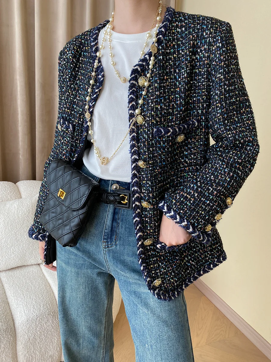 

High Quality Women's Autumn Gold Buckle Mixed Color Woven Tweed Fragrant Jacket Outwear Casaco