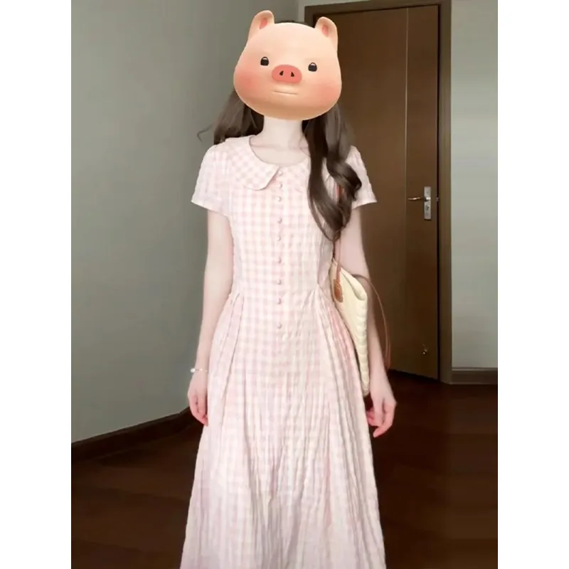 Women's Pink Gingham Peter Pan Collar Midi Dress Casual Short Sleeve Button Front Pleated A-Line Long Dresses