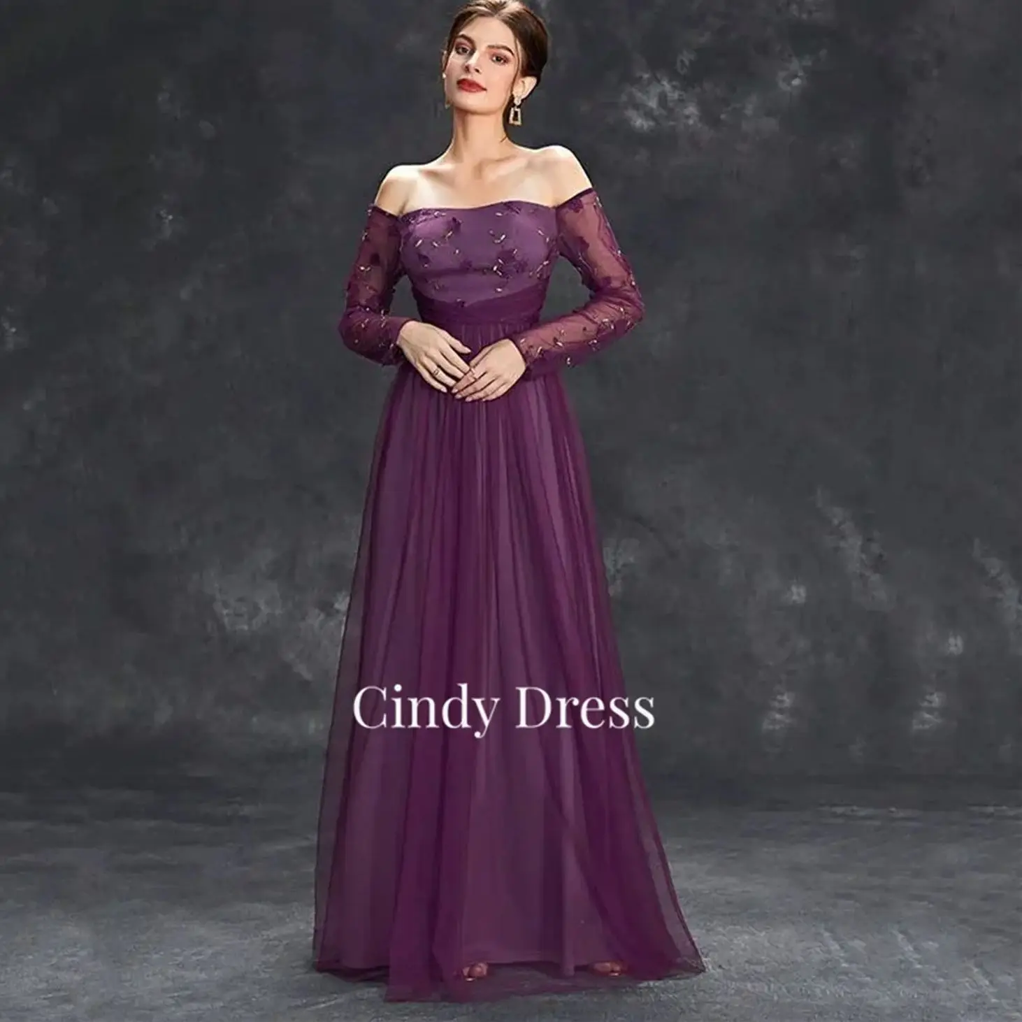 Cindy A-line Purple Mom Dress Long Sleeves Off the Shoulders Luxurious Women's Evening Dresses for Special Occasions Party Gala