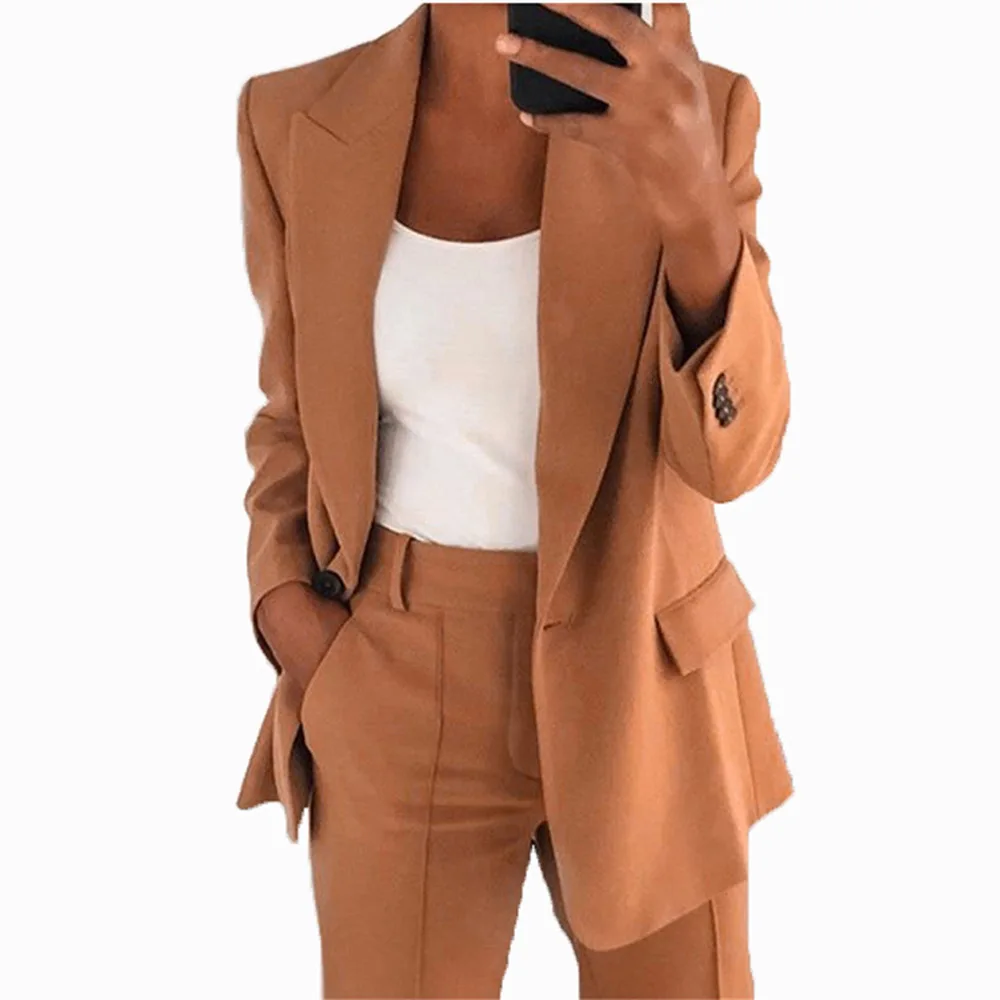 Women\'s Suit Set Solid Color Button Suit Jacket&zippered Pants Two-Piece Set for Spring and Autumn 2024