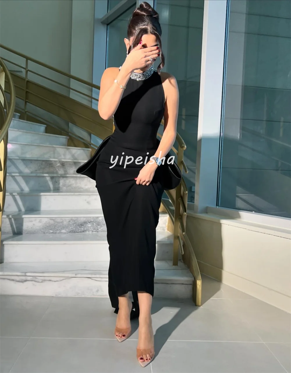 Customized Intricate Jersey Bow Beading Sequined Straight High Collar Midi Dresses Bespoke Occasion Dresses Sizes Available Sexy