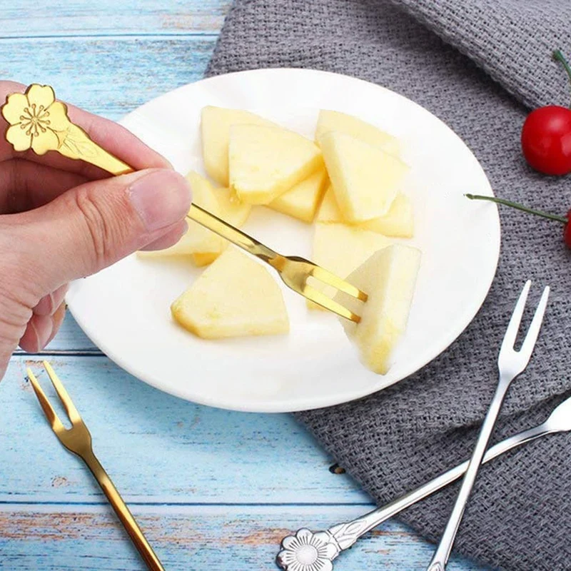 16Pcs 5.3 Inch Flower Stainless Steel Fruit Forks Dessert Cake Forks Salad Cocktail Fork Two Prong Dinner Fork