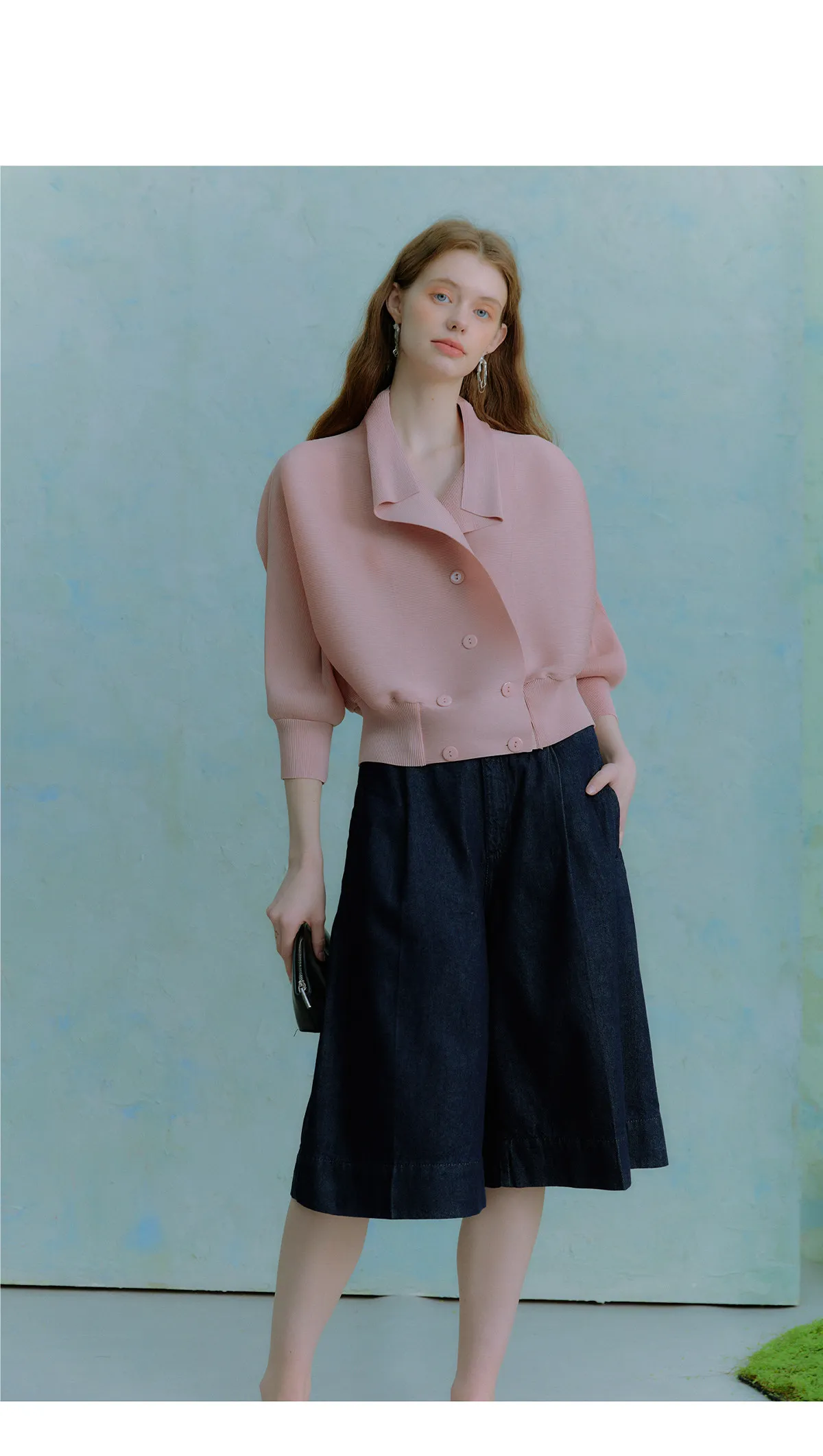 Miyake Plissierter Fledermausärmel-Cardigan für Damen, offene Vorderseite, kurze Jacke, leichte, lässige, elegante Bürojacke, rosa Oberbekleidung – Detail 4