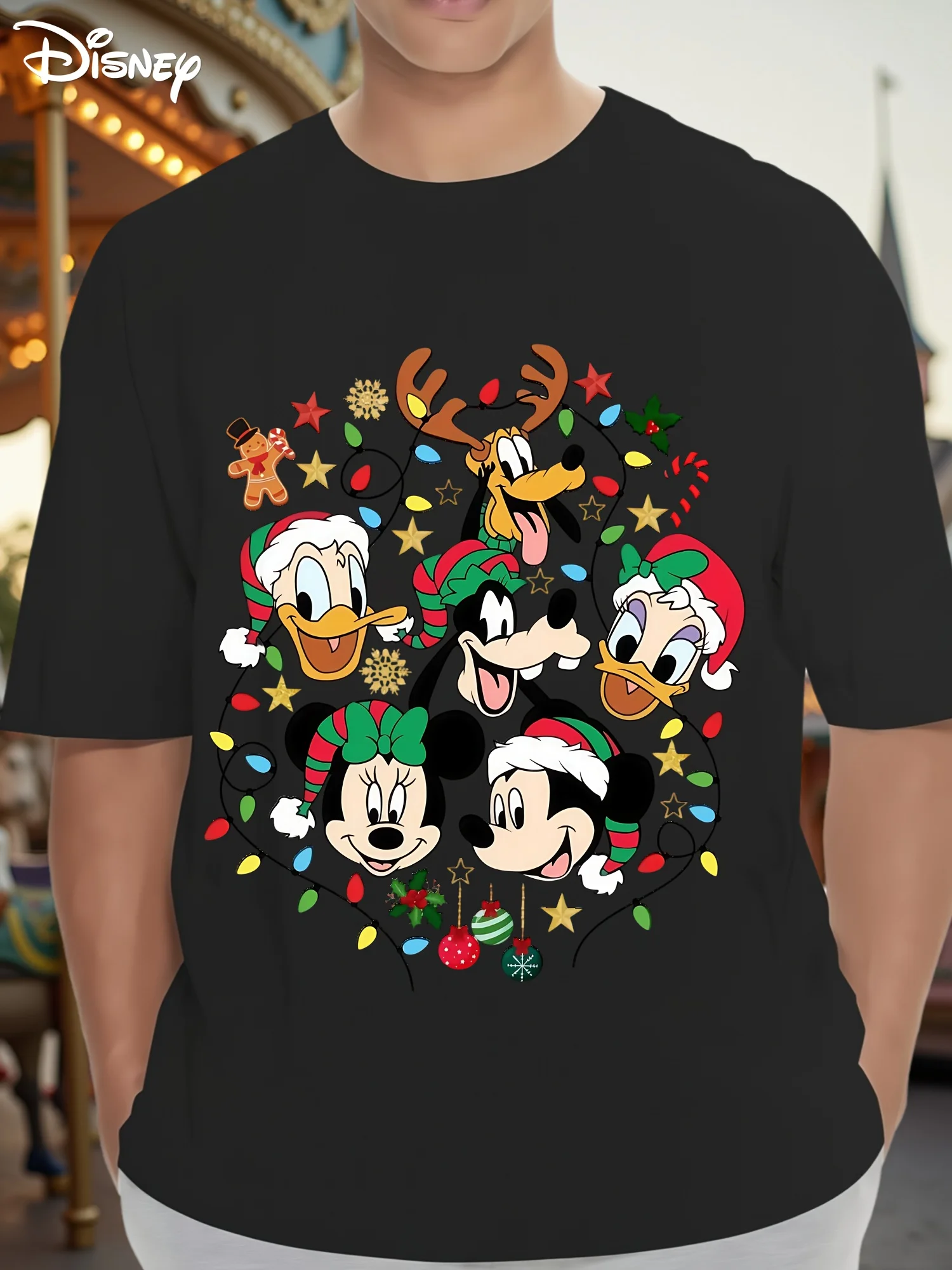 

Рождественская футболка с Микки Маусом Диснея, хлопковая мужская и женская повседневная модная свободная футболка большого размера с короткими рукавами, унисекс, наряд для мероприятий