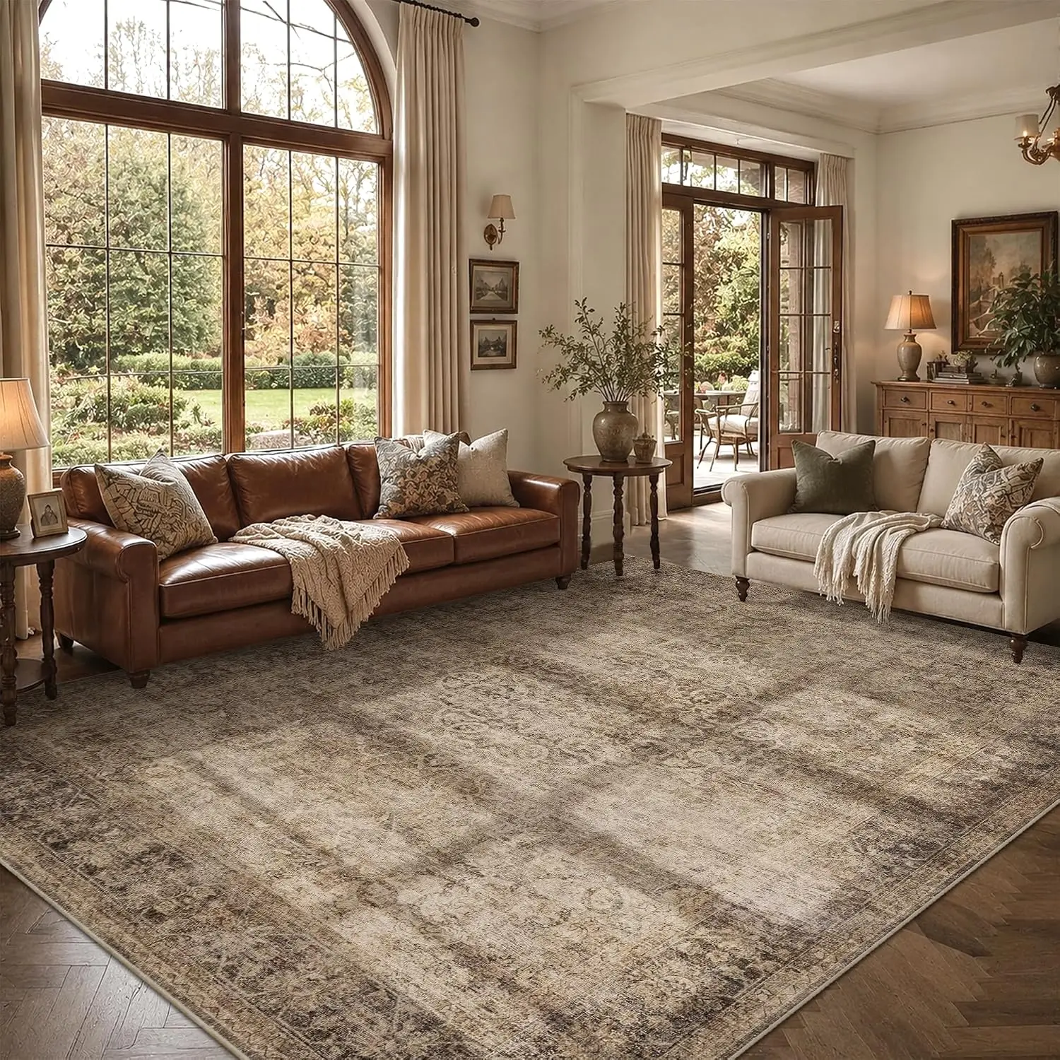 Extra Large Brown Distressed Vintage Area Rug Washable Non Slip Low Pile Carpet for Under Dining Table Large Space Home Decor