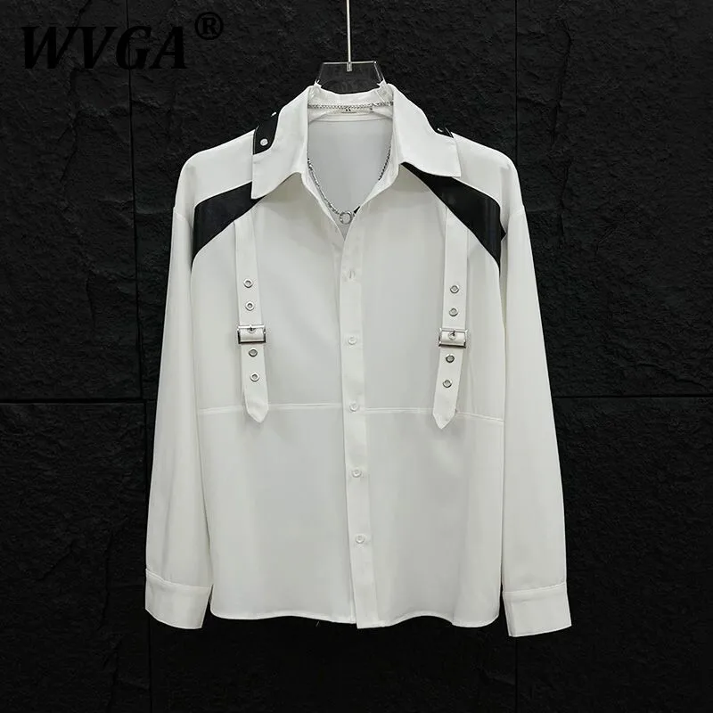 

WVGA Spring Autumn New Men Y2K High Street Stylish Long Sleeve Shirts Patchwork Ribbon Niche Design Punk Chic Casual Shirt W8369