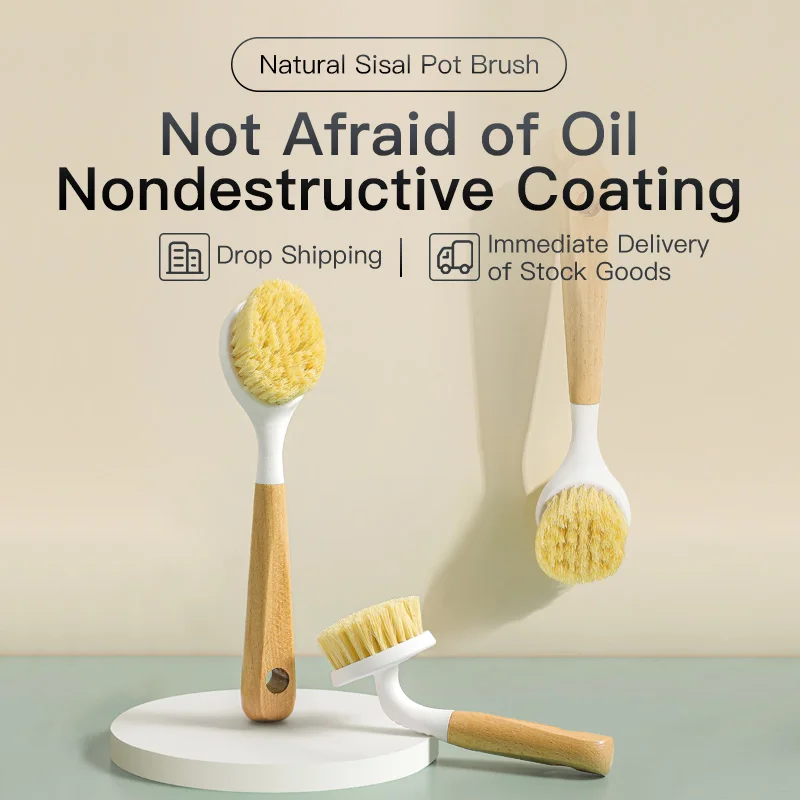 Natural Sisal Soft-Bristle Pot Brush, Household Kitchen Dishwashing Brush, Multi-Functional Beech Wood Cleaning Brush