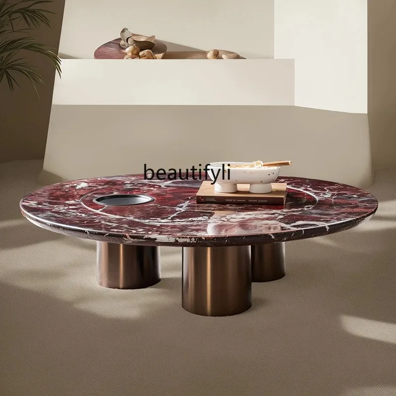 A4567 Natural Marble Tea Table Creative Multifunctional Rotatable Storage Organizer Tea Table Minimalist Antique Style