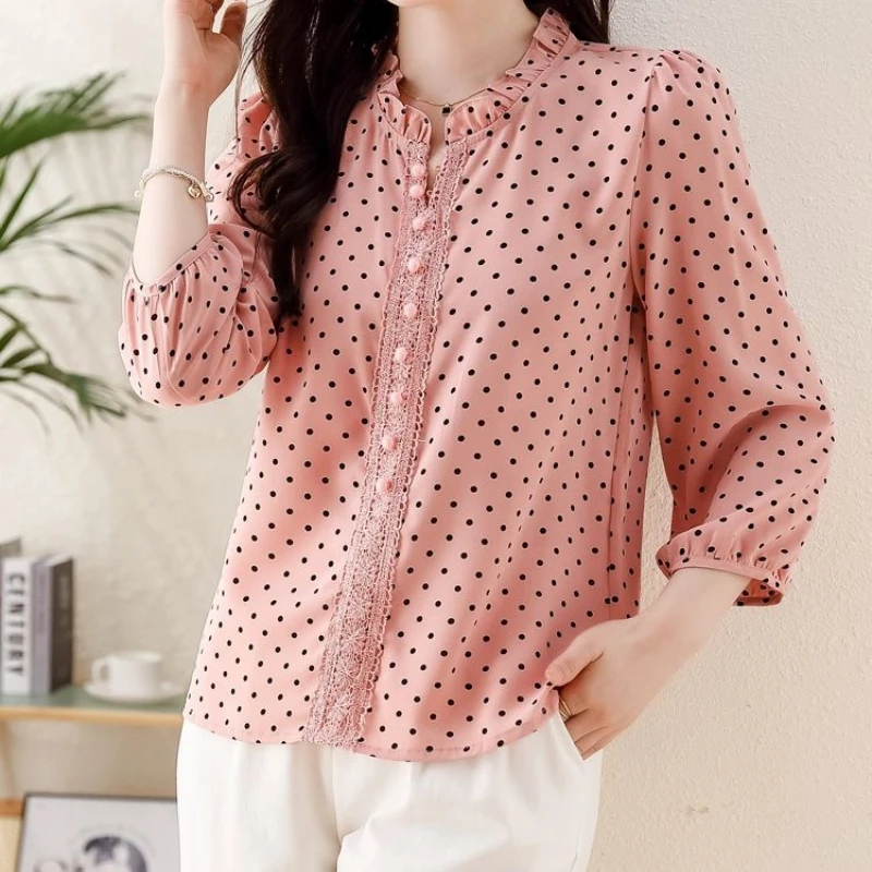 Women Clothing Fashion Polka Dot Plus Size Button Blouse Spring Autumn New O-neck Ruffles Loose Vintage Shirt Top Casual Elegant