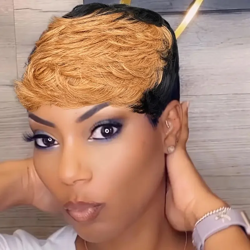 

Элегантный шикарный черный 30-цветный парик из натуральных волос с стрижкой пикси, короткий двухцветный парик Remy машинного производства