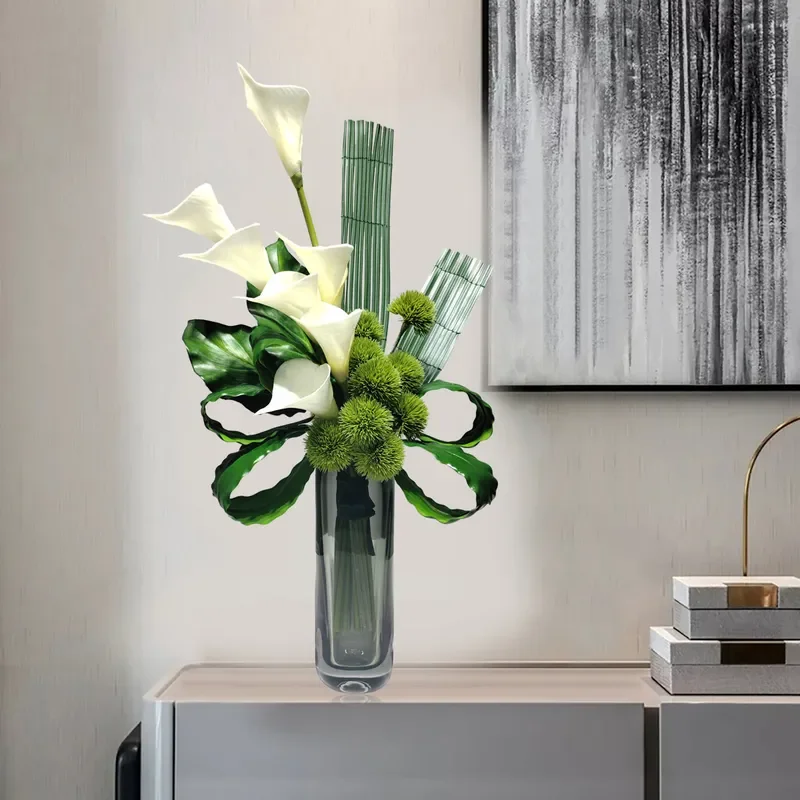 Modern Creative Glass Vase with Artificial Flowers for Living Room Dining Table Home Decor Green Plant Arrangement Ornament