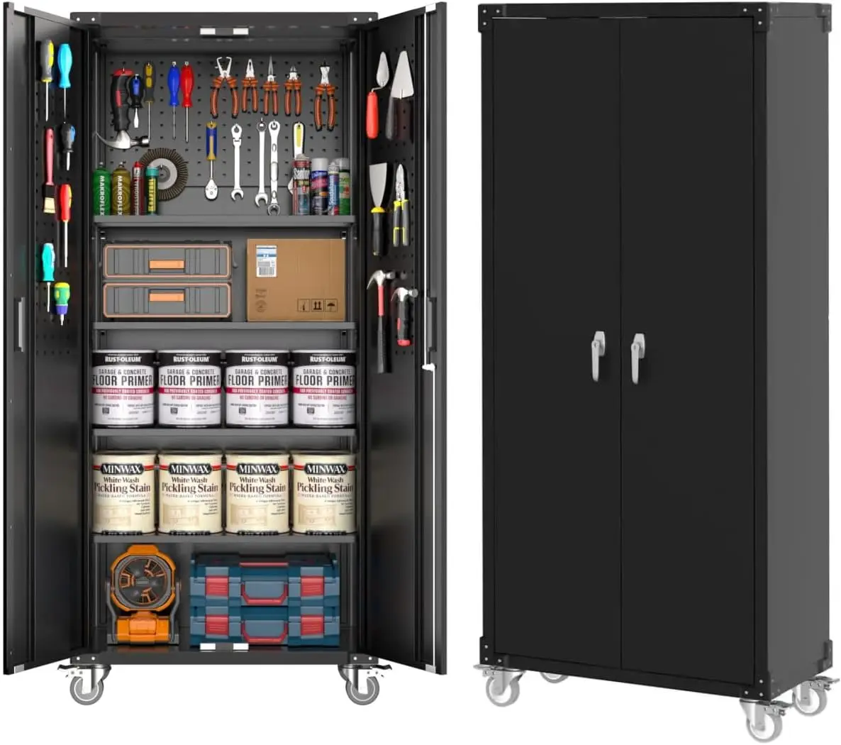 

Металлический шкаф для хранения 72 дюйма с дверцами, колесами, регулируемыми полками и перфорированной панелью для гаража, мастерской, домашнего офиса