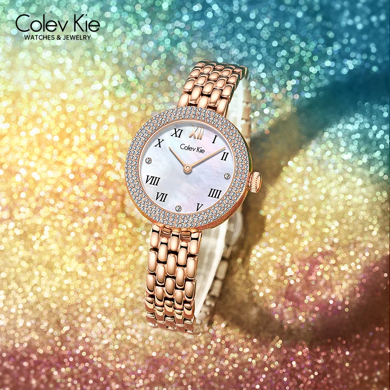 ColevKie Woman Watch Rose Gold Stainless Steel Band Quality Quartz Watches for Ladies Dress Diamond Wristwatches Gift Sets Girls