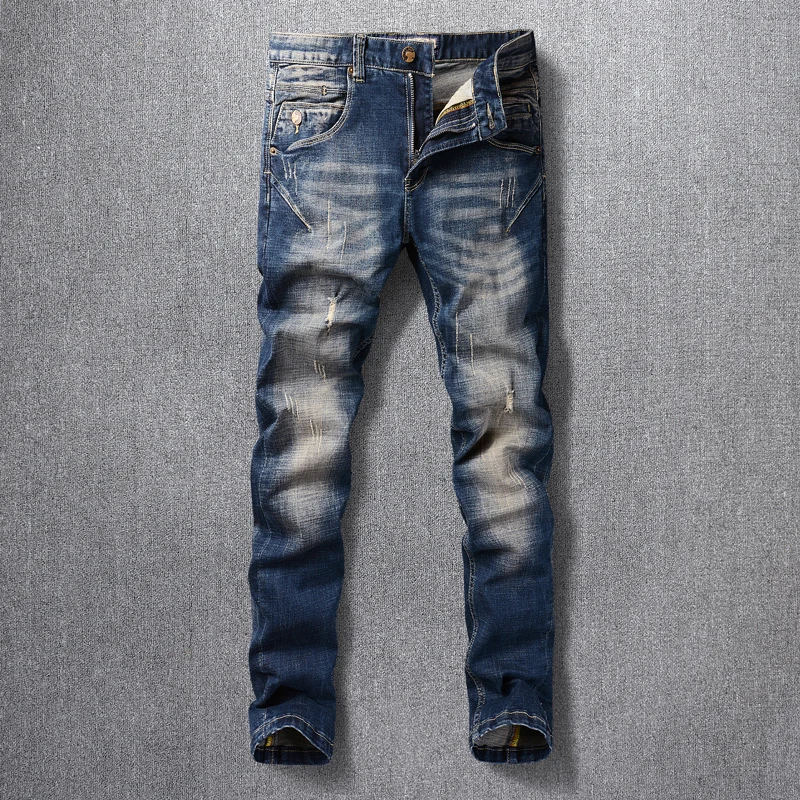 

Street Fashion Men Jeans High Quality Retro Black Blue Stretch Slim Fit Ripped Jeans Men Spliced Designer Vintage Denim Pants