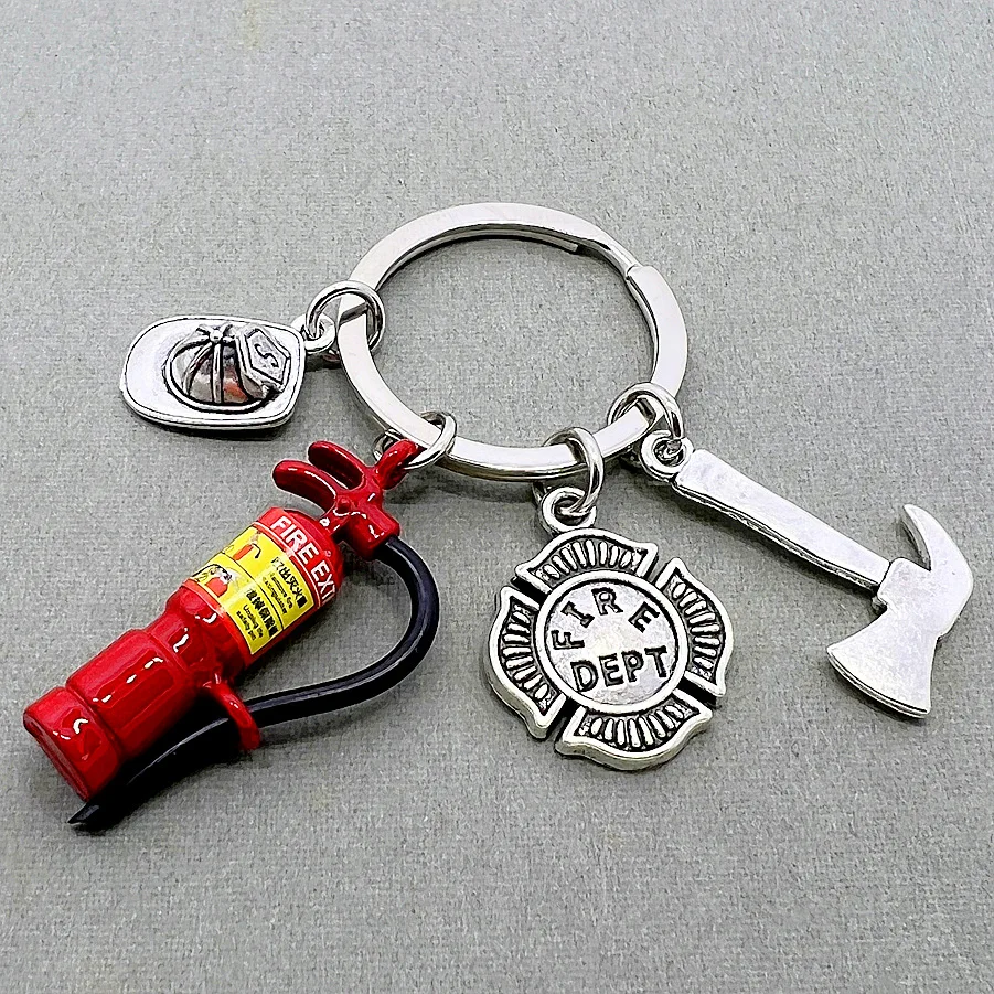 Fire Extinguisher Badge Firefighter Creative Hard Hat 3d Fire Truck Keychain