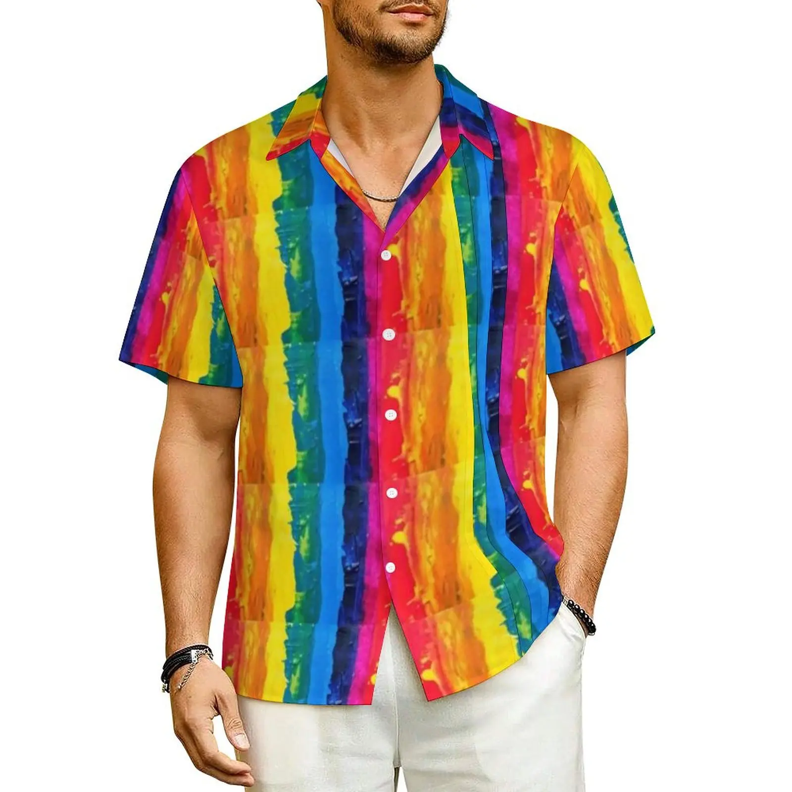 Rainbow Pride Vacation Shirt Man Abstract Stripes Art Elegant Casual Shirts Hawaiian Short Sleeve Street Style Oversized Blouses