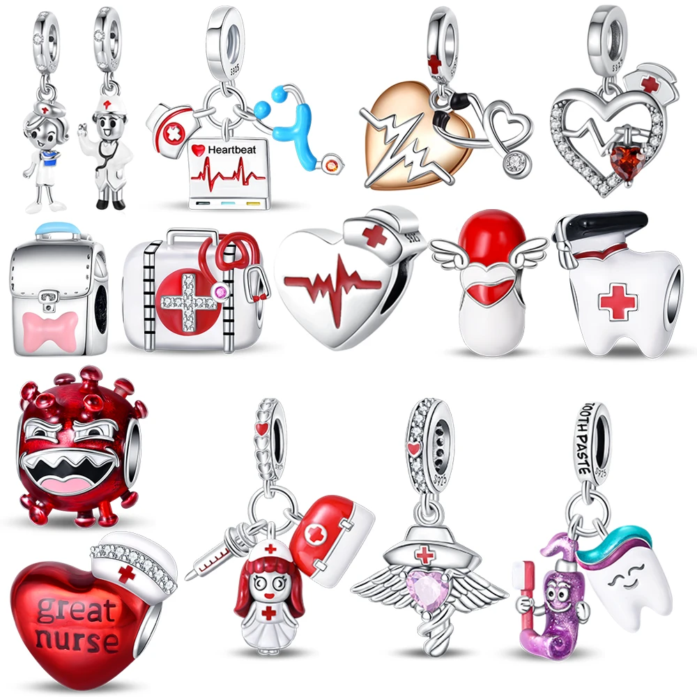 Doctor Series 925 Sterling Silver Doctor&Nurse Hats&Medicine Chest&Electrocardiogram&Stethoscope Fit DIY Pandora Bracelet Gift