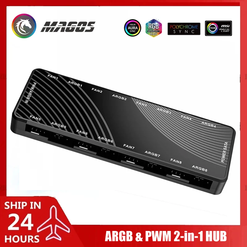 PC Cabinet 8X FAN HUB ARGB + PWM Hub 2 in 1, Pwm 4Pin Fan & 5V 3Pin Divine Light Sync, 8+8 Interface HA-02
