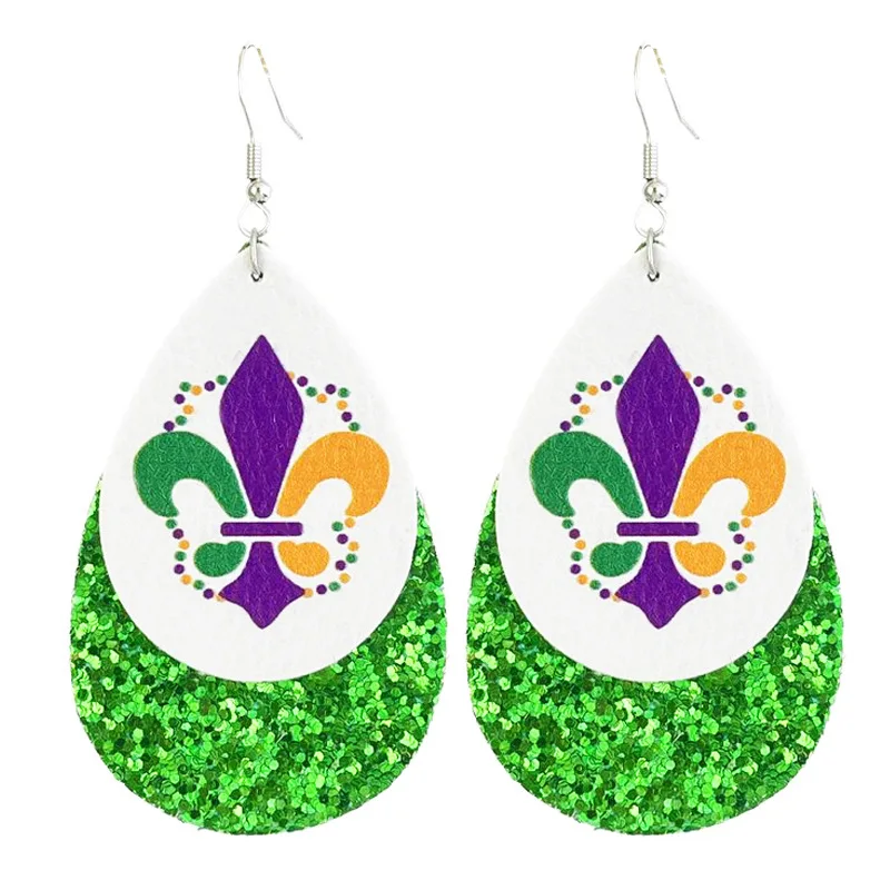 NEW - Fat Tuesday, Mardi Gras Accessories for Women Mardi Gras Faux Leather Layered Stack Glitter Dangle Earrings Fleur De Lis