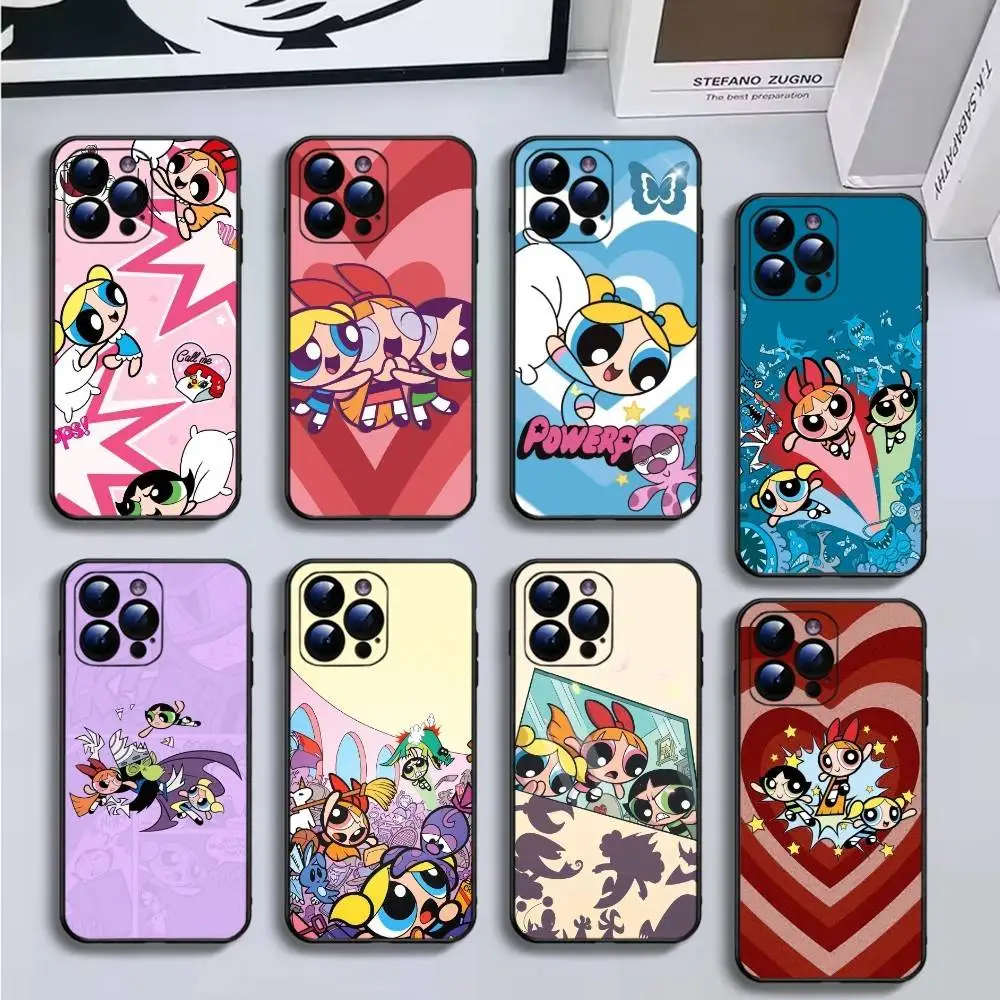 

P-Powerpuff Girls Phone Case For iPhone16,15,14,13,12,11 Plus,Pro Max,XS,X,XR,SE,Mini,8,7,Soft Black Cover