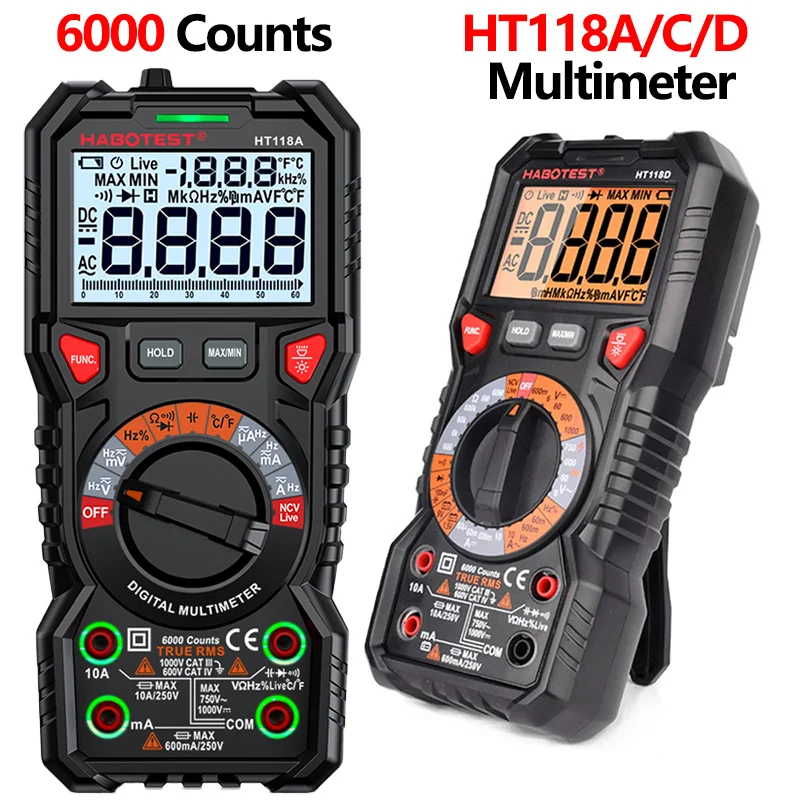 HT118 multimetro digitale Ture RMS 1000V AC/DC 6000 conteggi voltmetro Auto/manuale gamma NCV Hz diodo Ohm Tester con retroilluminazione