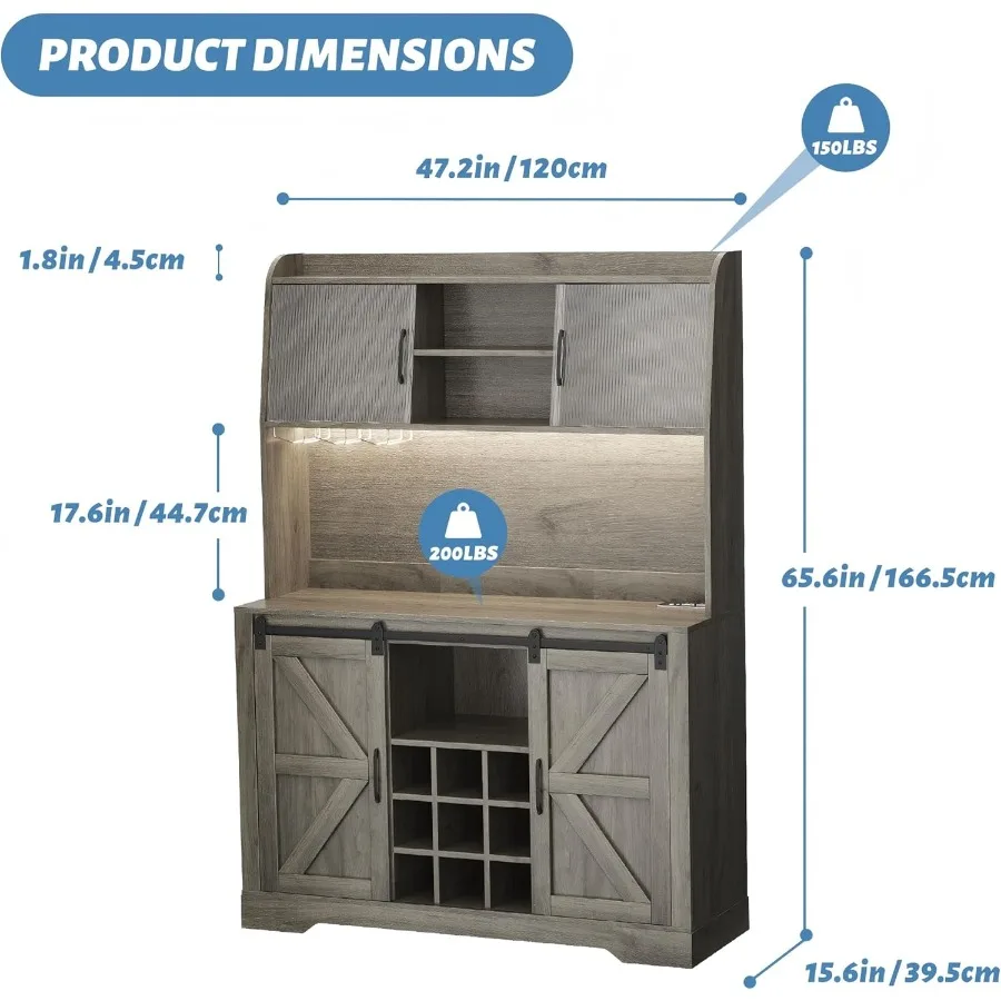 65 بار القهوة مزرعة القهوة بار مع محطة شحن مصباح ليد خزانة بوفيه مع تخزين طويل القامة بار المطبخ خزانة القفص ث