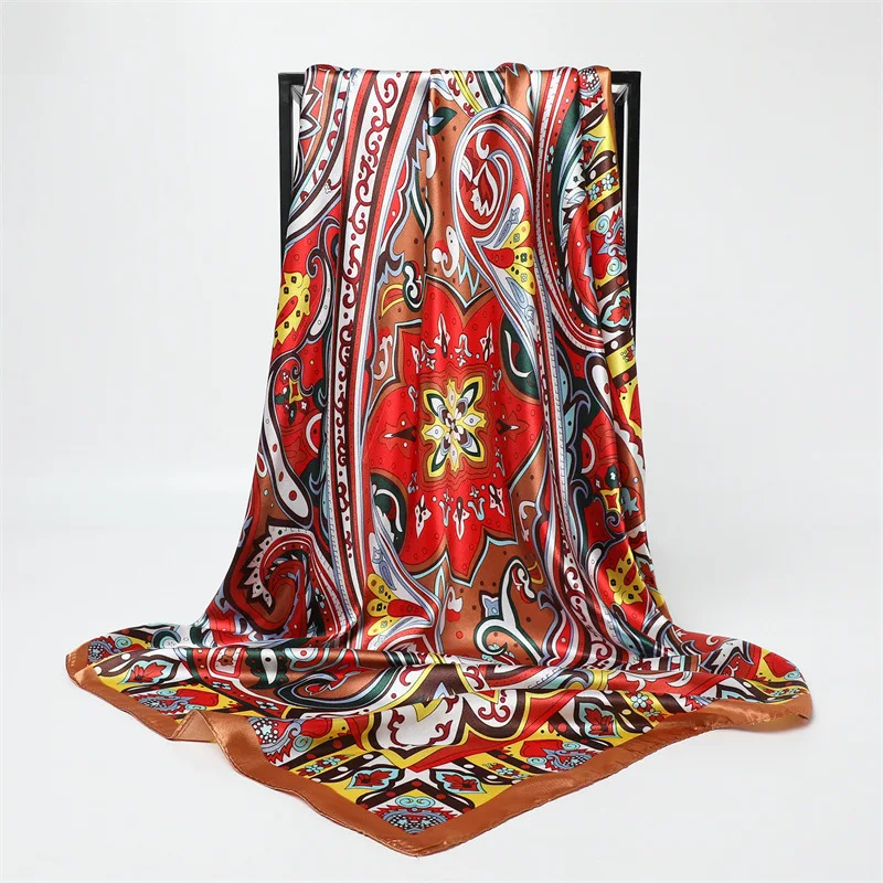 90cm Fashion Printed Big Square Scarf Women Imitation Silk Scarves Bandanas Luxury Travel Shawl Wraps Elegant Hijab Neckerchief