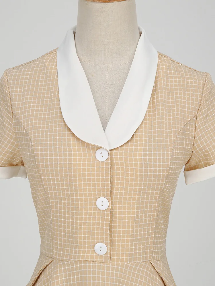 Tonval Shawl Collar Button Up Vintage Robe Plaid Long Dress Evening Elegant for Women Short Sleeve Pockets A-Line Dresses