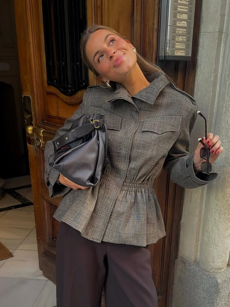 أنيقة منقوشة الخصر Cinching معطف المرأة موضة الوقوف طوق واحدة الصدر فضفاضة سترات قصيرة 2025 سيدة التنقل اليومي أبلى