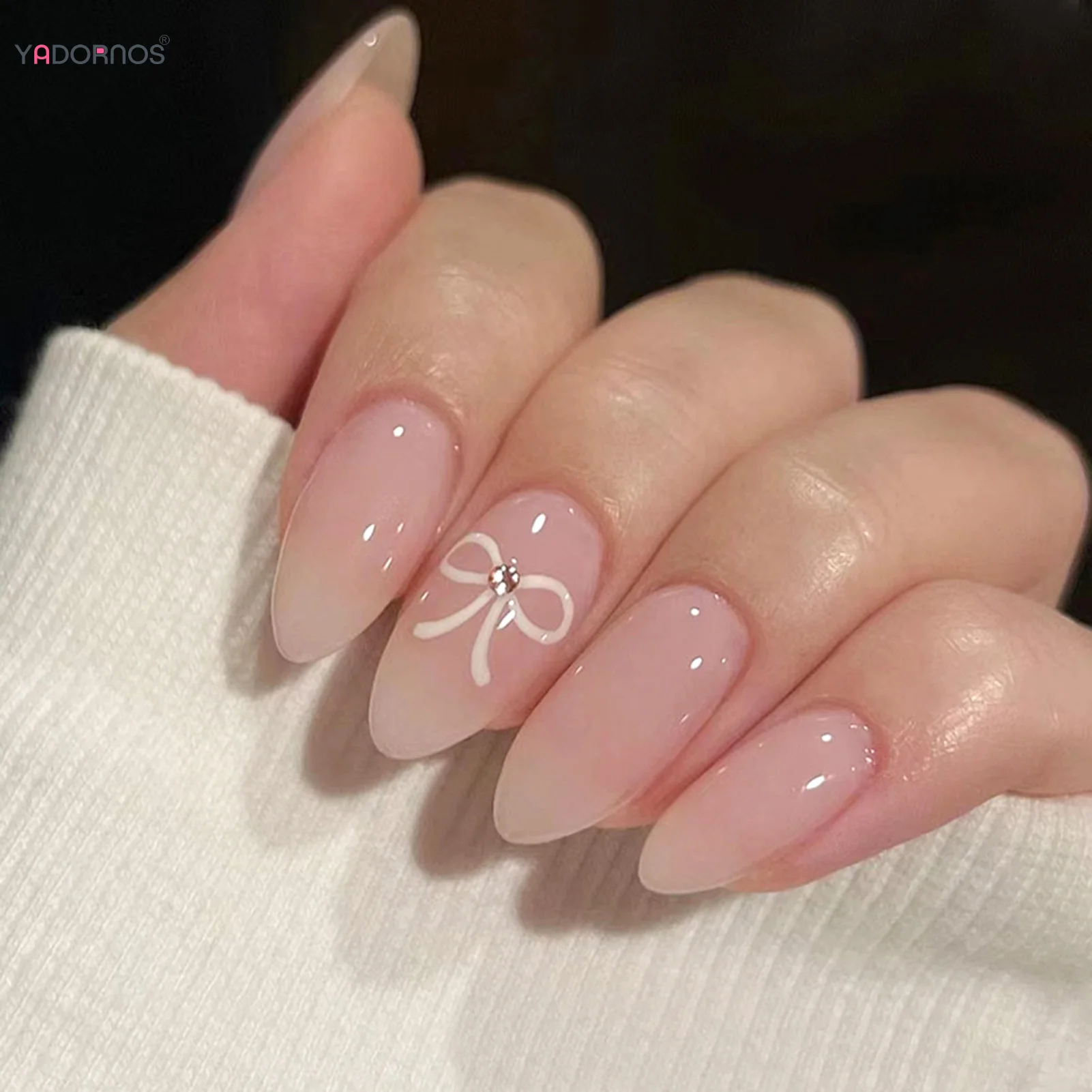 

Nude Color Press on Nails Simple Almond Fake Nails Bowknot Designs Sweet Girls Charms False Nails Patches Korean Style Manicure