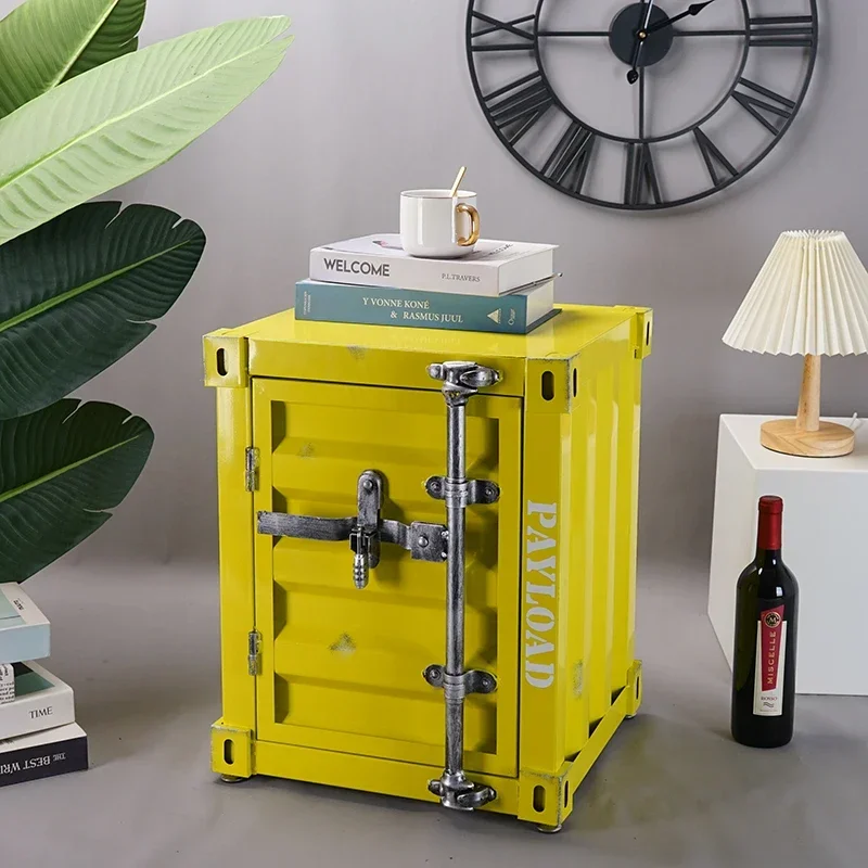 Retro Container Iron Bedside Table with Lock Storage Drawer Metal Bed Cabinet Nightstand Safe Box Home Hotel Bedroom Furniture