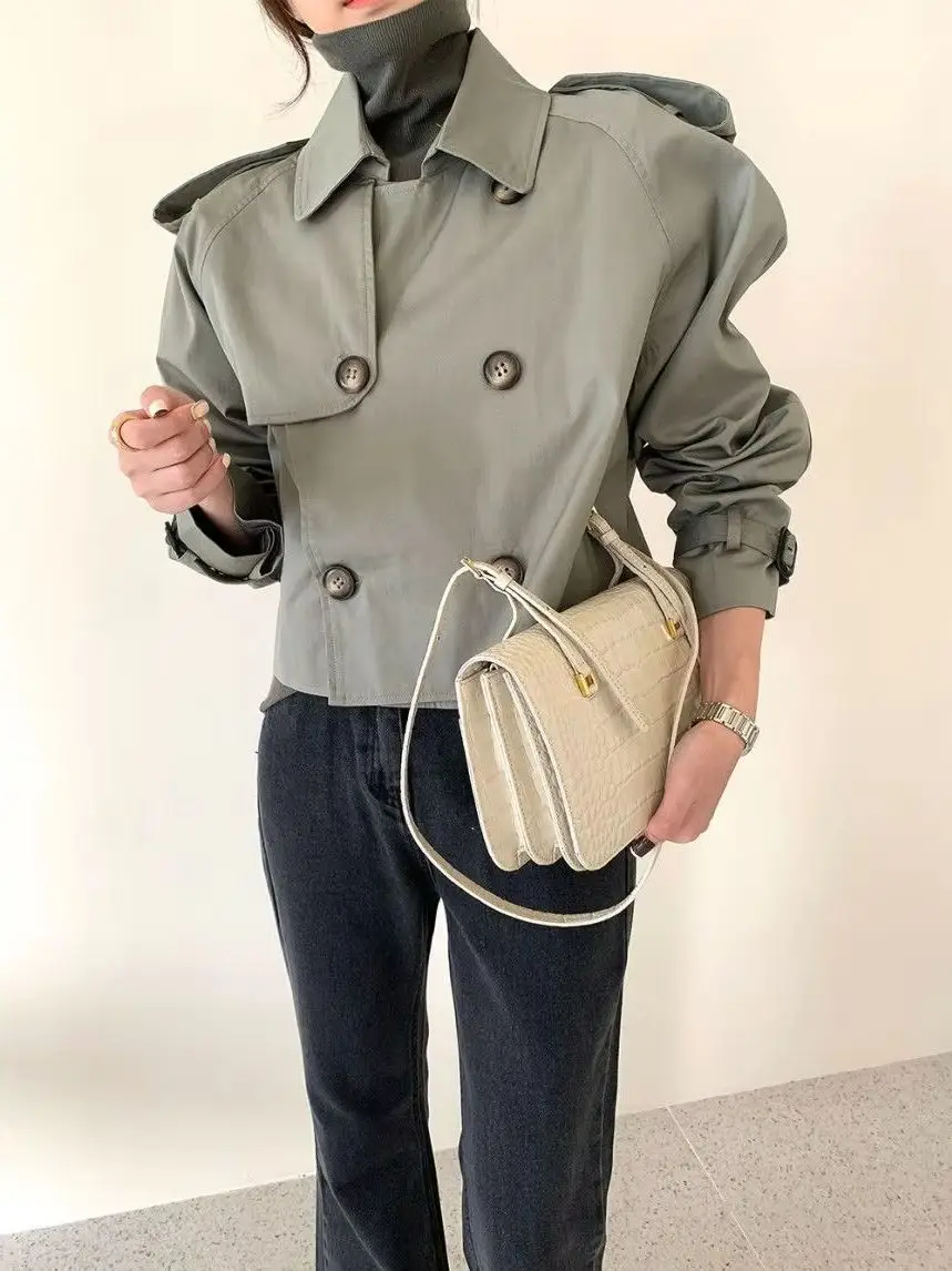 

Women's Korean 2025 Spring Autumn Vintage Notch Lapel Double Breasted Cropped Trench Coat Casual Loose Fit Jacket