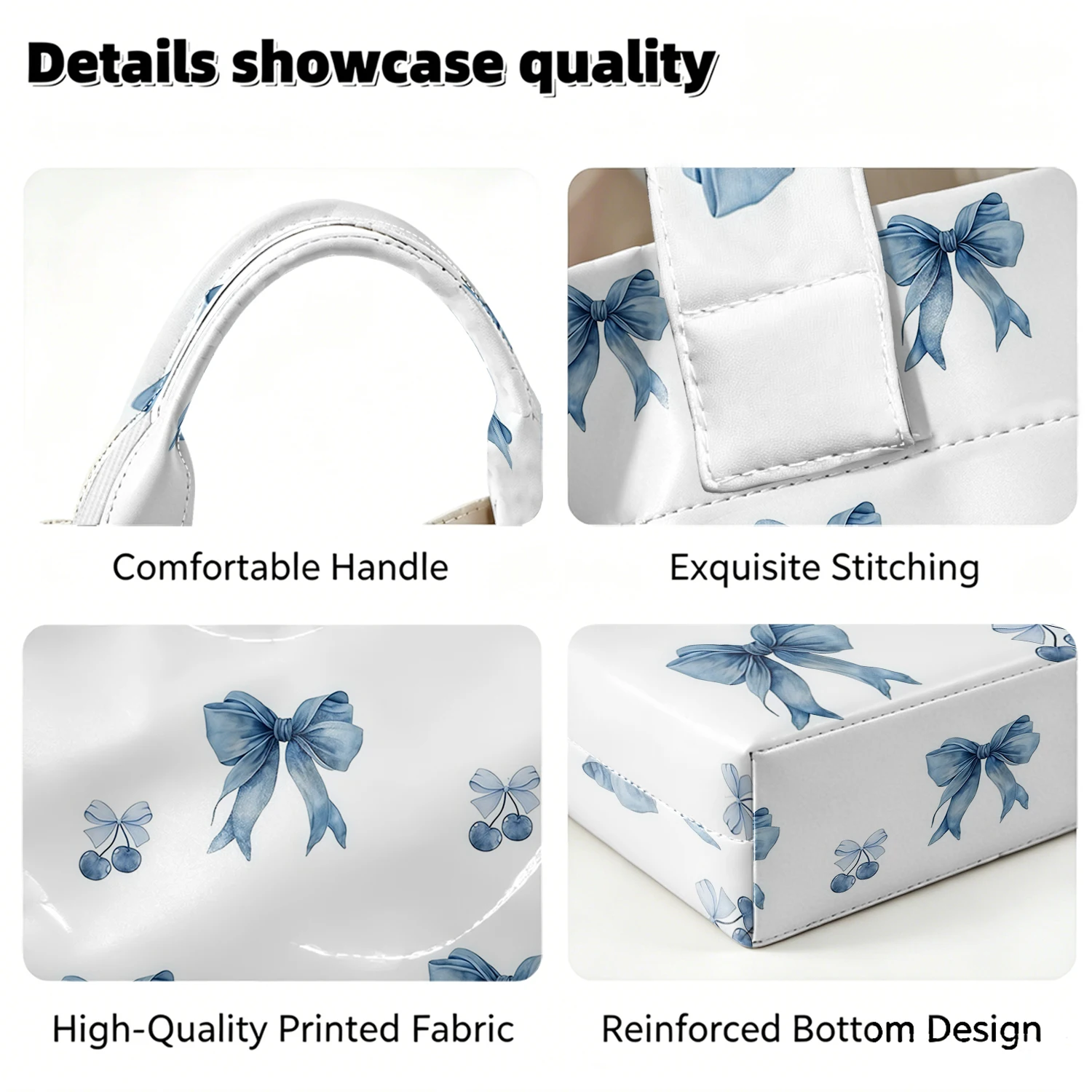 Blue Cherry Bow Fashion Large Glossy PVC Tote Bag Hand Washable Waterproof Perfect Travel Commute Cosmetic Storage Shopper view 4