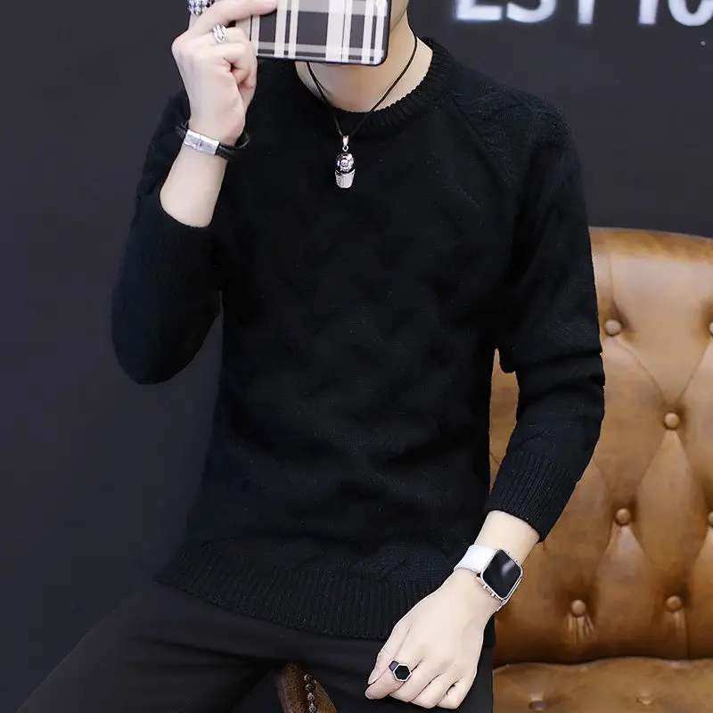 بلوزة رجالية طويلة الأكمام محبوكة ، بلوفرات برباط ، موضة زهرة برقبة دائرية ، بلون واحد ، بلوزة ضيقة غير رسمية بسيطة ، خريف ، شتاء ، جديدة ،