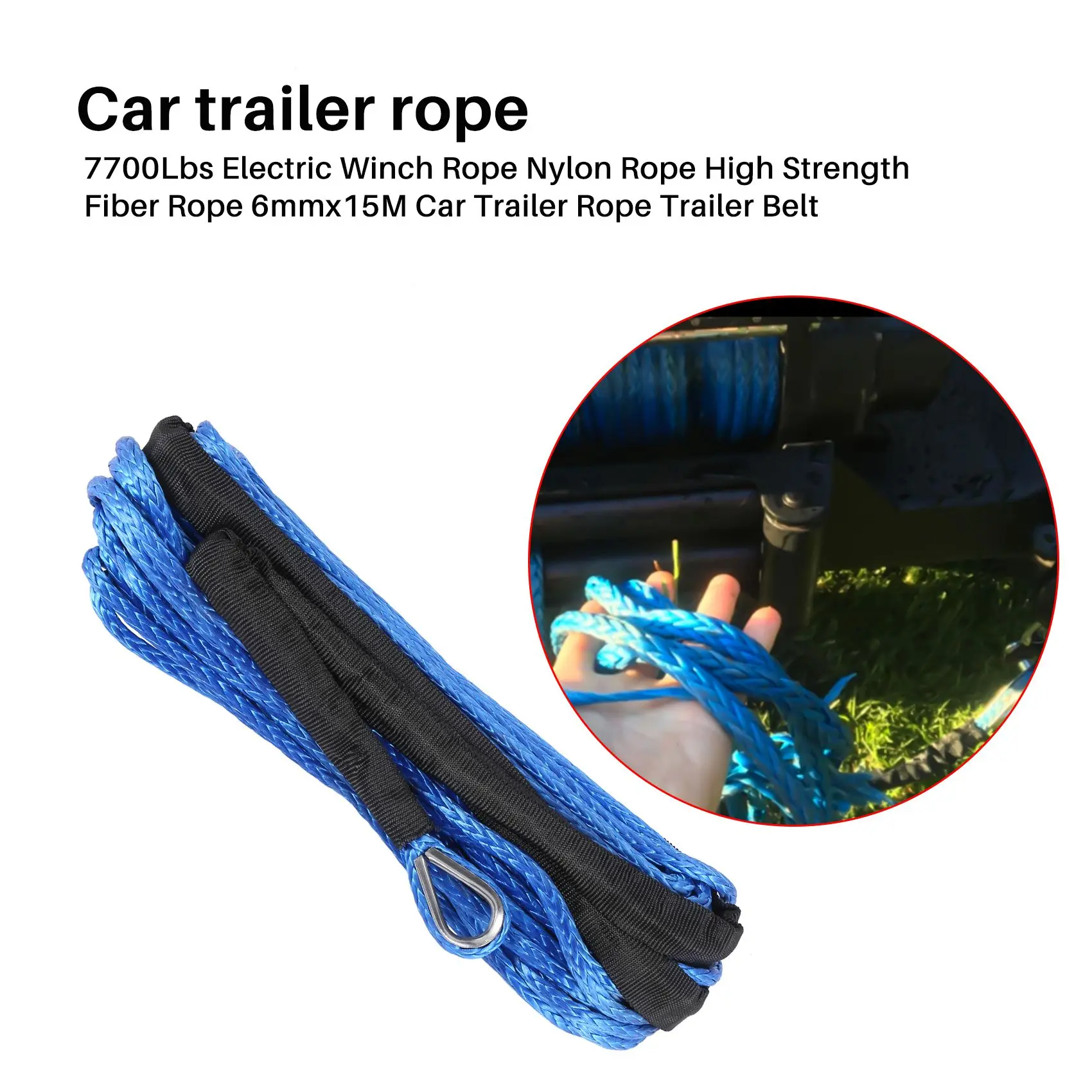 7700Lbs Electric Winch Rope Nylon Rope High Strength Fiber Rope 6mmx15M Car Trailer Rope Trailer Belt