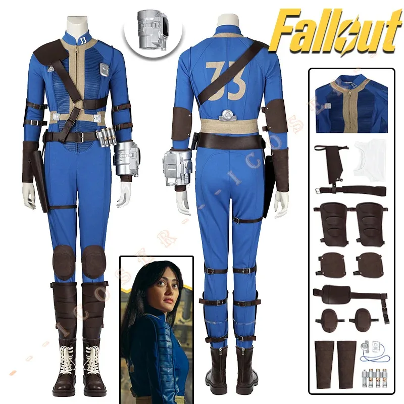 

Lucy Cosplay Costume Fall Cos Out Vault 33 Female Survivor Suit Jumpsuit Blue Uniform Arm Props Halloween Party for Women iCoser