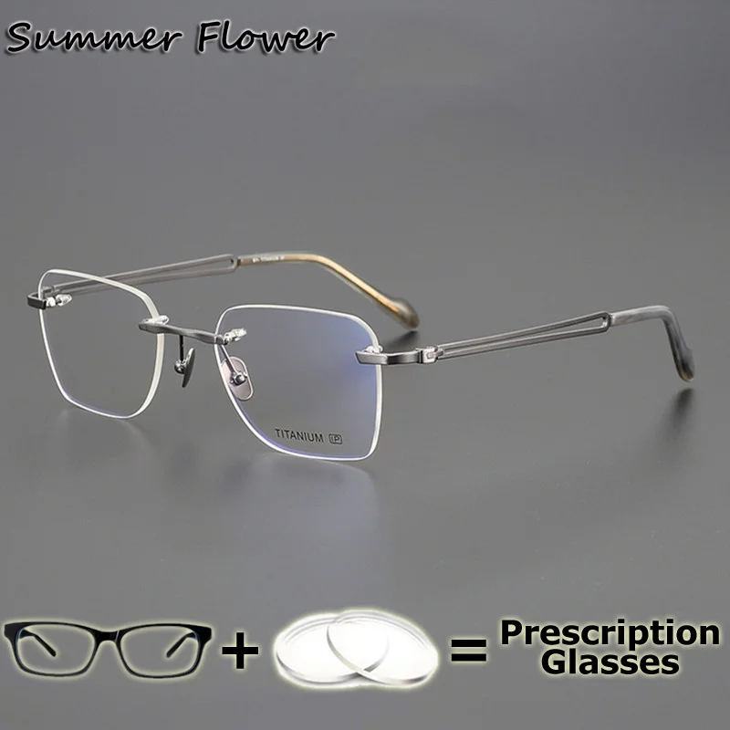 

Prescription Glasses Men Rimless Frame Pure Titanium Ultra Light Customize Eyewear Myopic Lenses Transition Dark Gray Brown