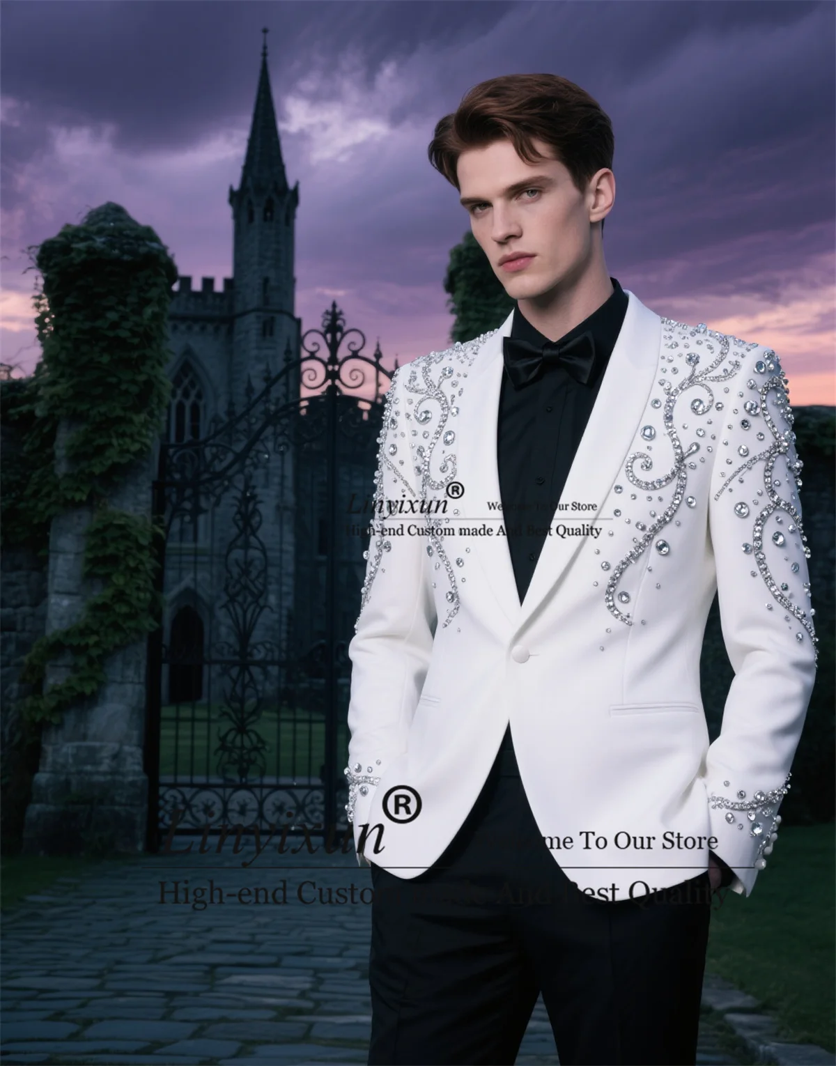 

Glitter Metallic Jewelry Ornament Tuxedo Men Suits 2 Piece Wedding Groom Male Prom Blazer Customized Party Ternos Completo