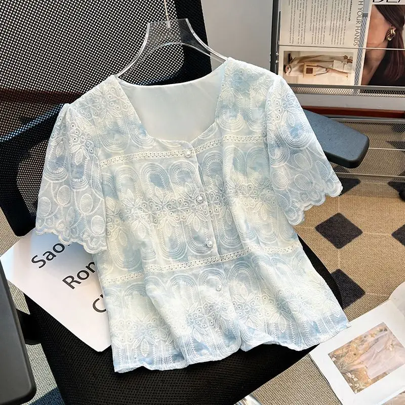 

French Floral Embroidered Chiffon Shirt Summer New Style Fresh Temperament Versatile Short TopYY4